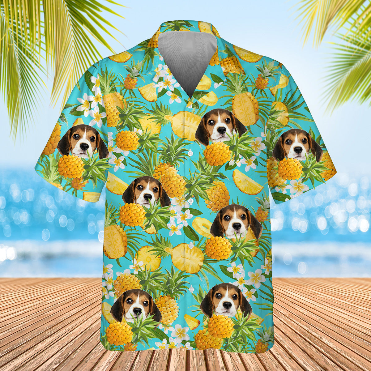 light blue pineapple themed shirt with dogs