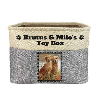 Grey toy box with text "brutus and milo's toy box", image of two dogs in rectangular frame on toy box
