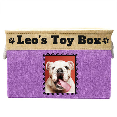Purple toy box with text "leo's toy box", image of dog in rectangular frame on toy box