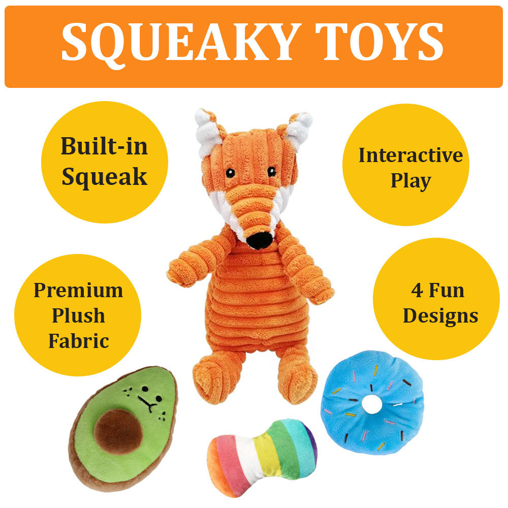 Various dog toys with listed benefits "premium plush fabric", "4 fun designs", "interactive play", "built-in squeak"