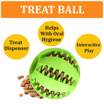 Dog treat ball with listen benefits "treat dispenser", "helps with oral hygiene", "interactive play"