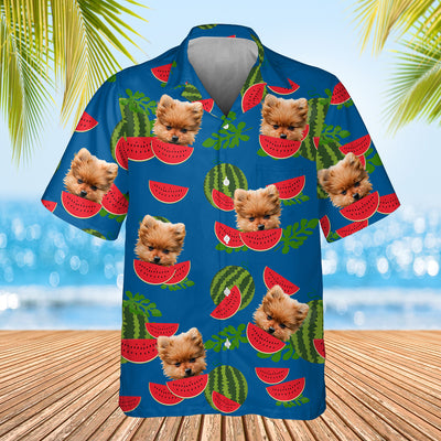 dark blue watermelon themed shirt with dogs