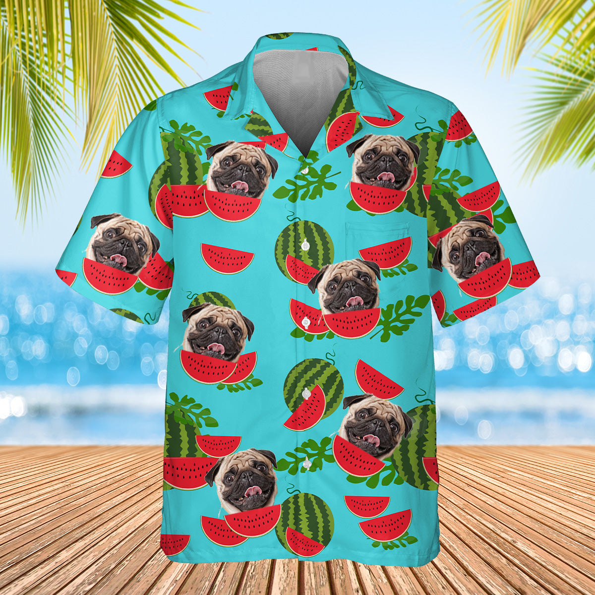 light blue watermelon themed shirt with dogs