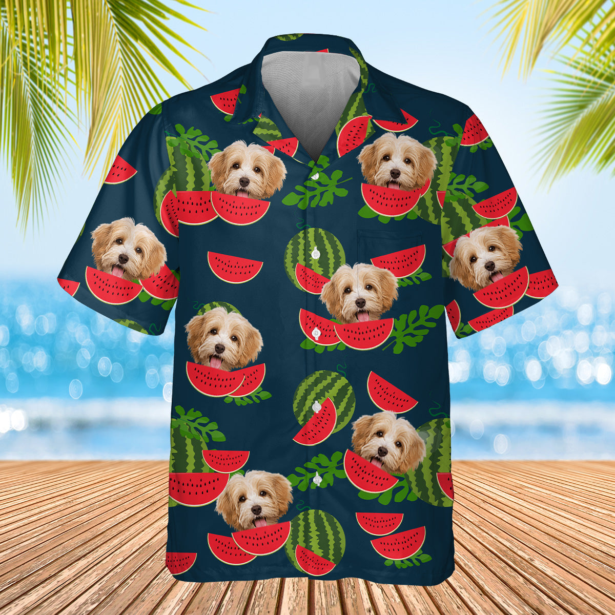 navy watermelon themed shirt with dogs
