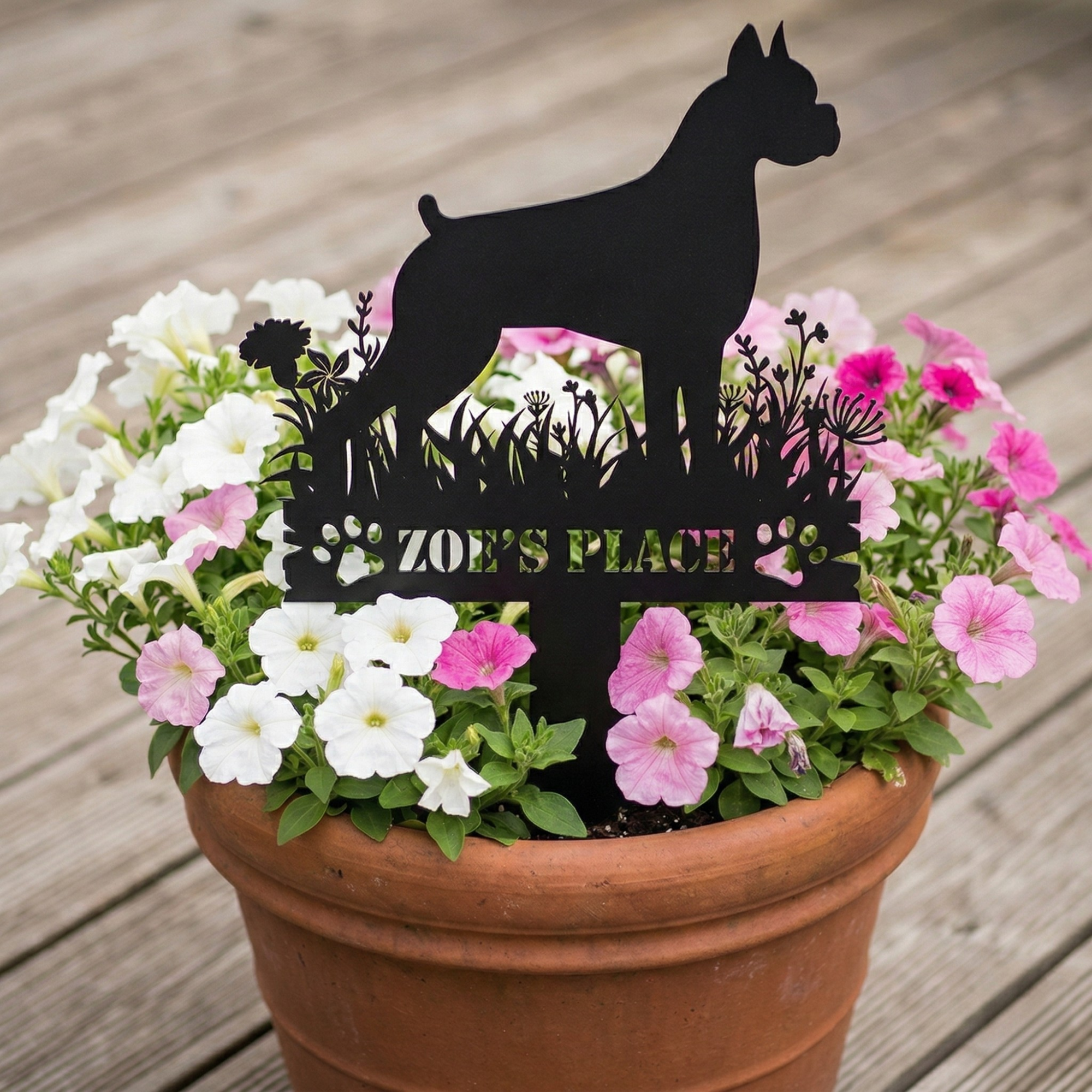 Personalized Floral Dog Breed Garden Stake — Custom Name + Breed Silhouette | Wrought Iron | 100+ Breeds