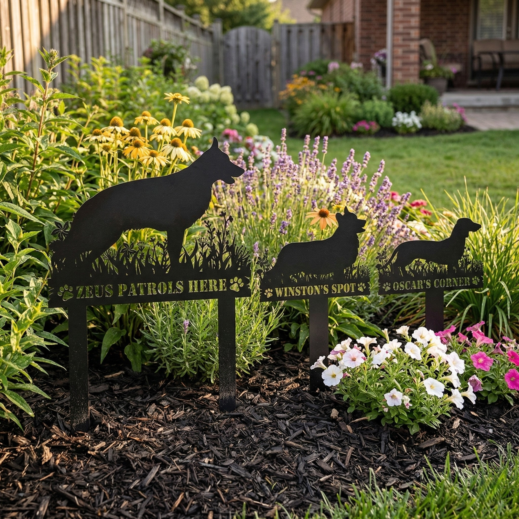 Personalized Floral Dog Breed Garden Stake — Custom Name + Breed Silhouette | Wrought Iron | 100+ Breeds