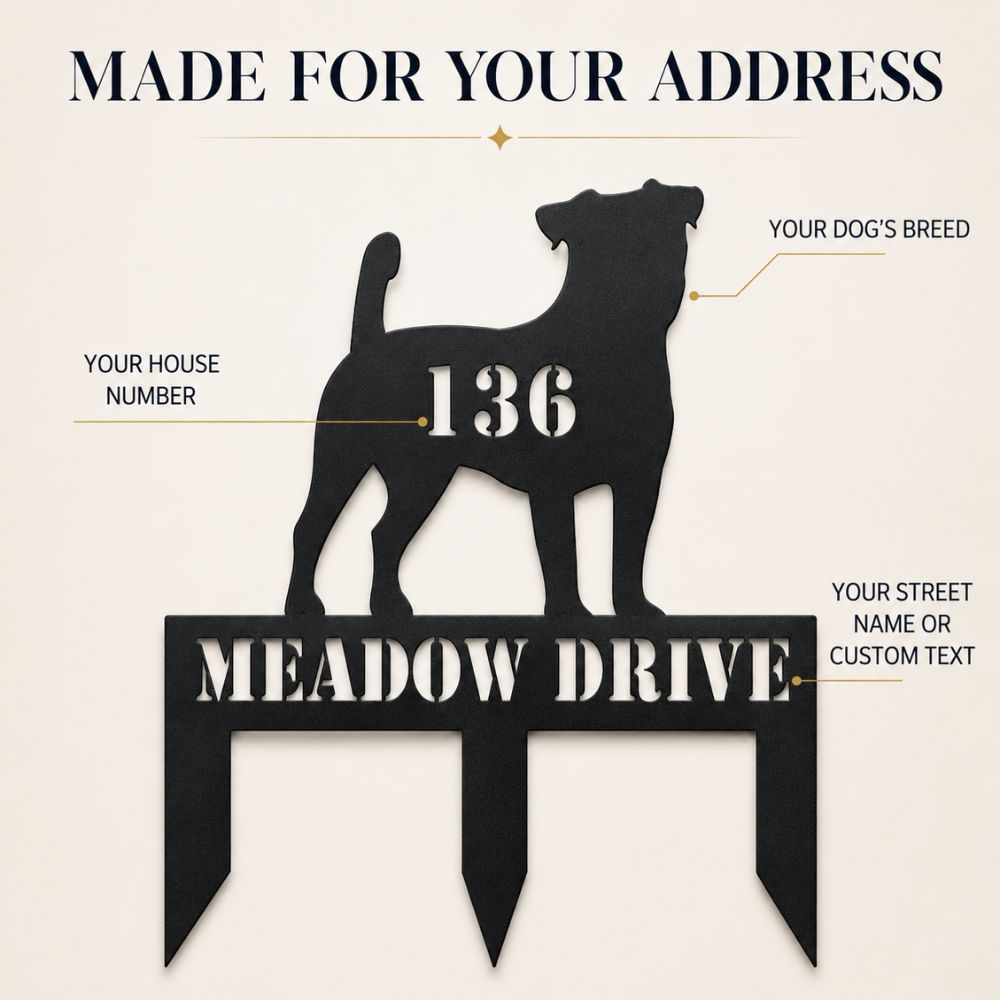 Jack Russell address stake showing customizable dog breed, house number, and street name or short custom text.