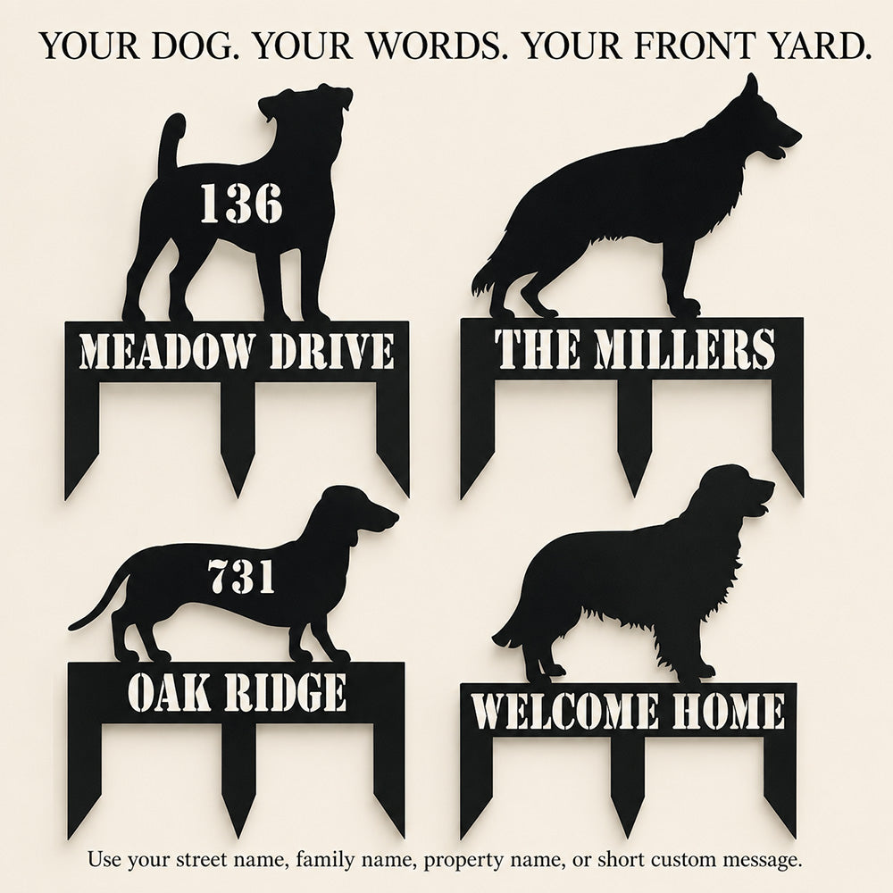 Four personalized dog address stakes showing different breeds, house numbers, and custom text options.
