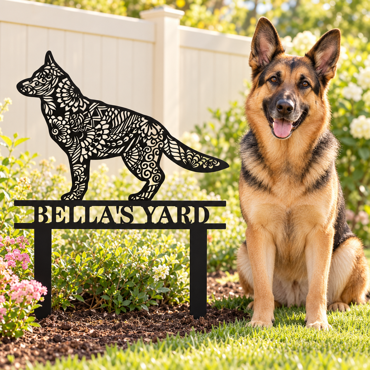 German Shepherd sitting beside a black mandala garden stake personalized with Bella’s Yard