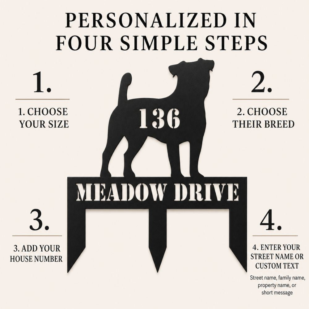 Four steps to personalize a dog breed address stake by choosing size, breed, house number, and custom text.