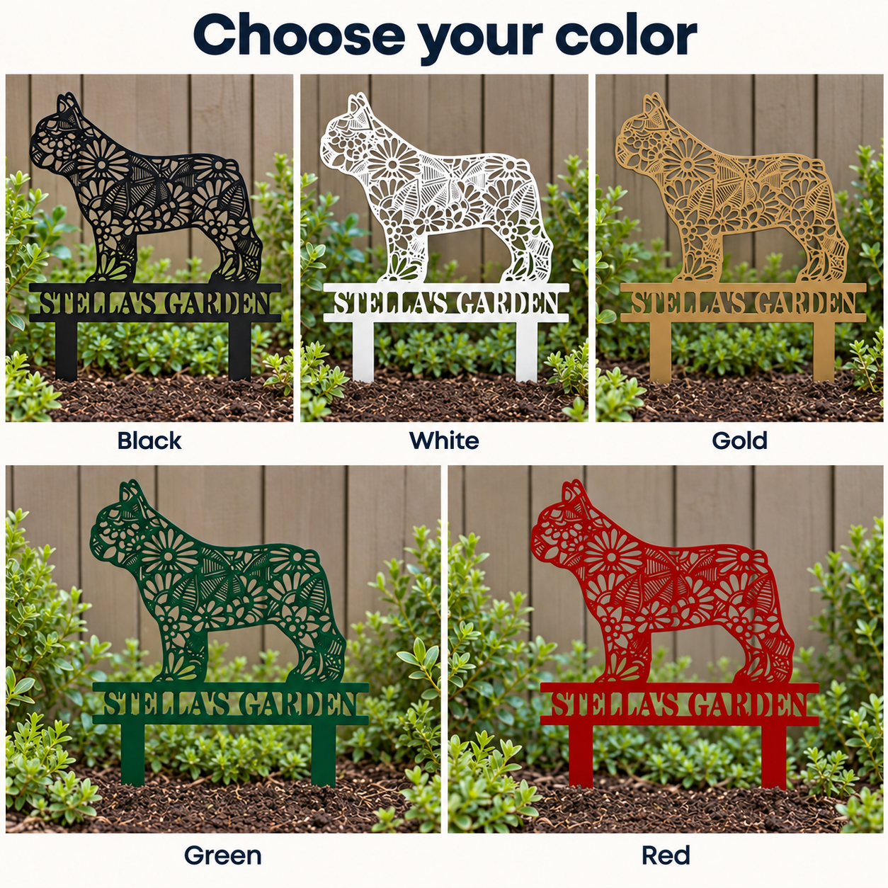 French Bulldog mandala garden stake shown in black, white, gold, green and red