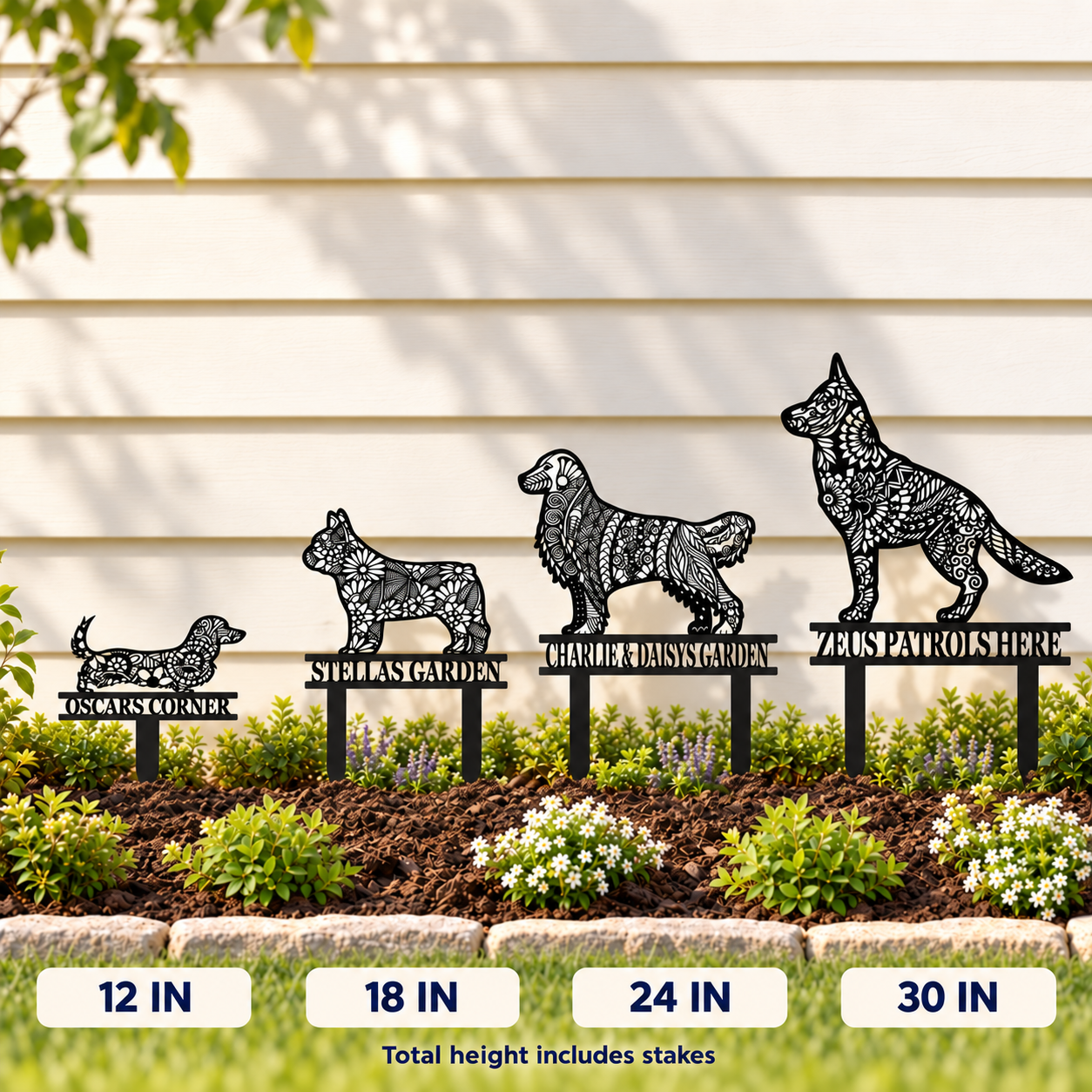 Illustrated comparison of personalized dog garden stakes in 12, 18, 24, and 30 inch total heights.