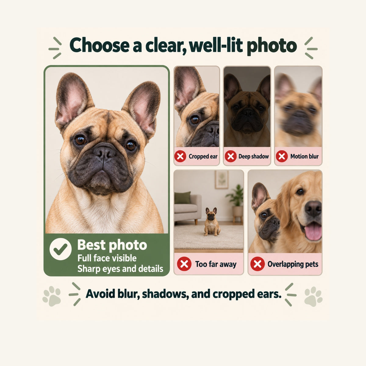 Clear French Bulldog portrait compared with cropped ears, deep shadow, blur, a distant pet, and overlapping faces.
