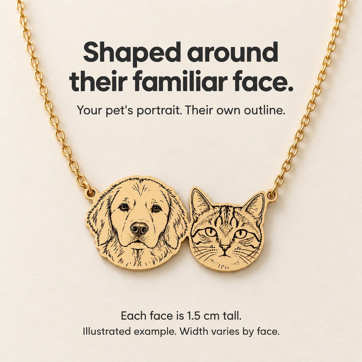 Illustrated connected retriever and tabby portraits cut to follow their face outlines, with text stating each face is 1.5 cm tall.