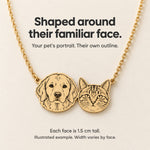 Illustrated connected retriever and tabby portraits cut to follow their face outlines, with text stating each face is 1.5 cm tall.