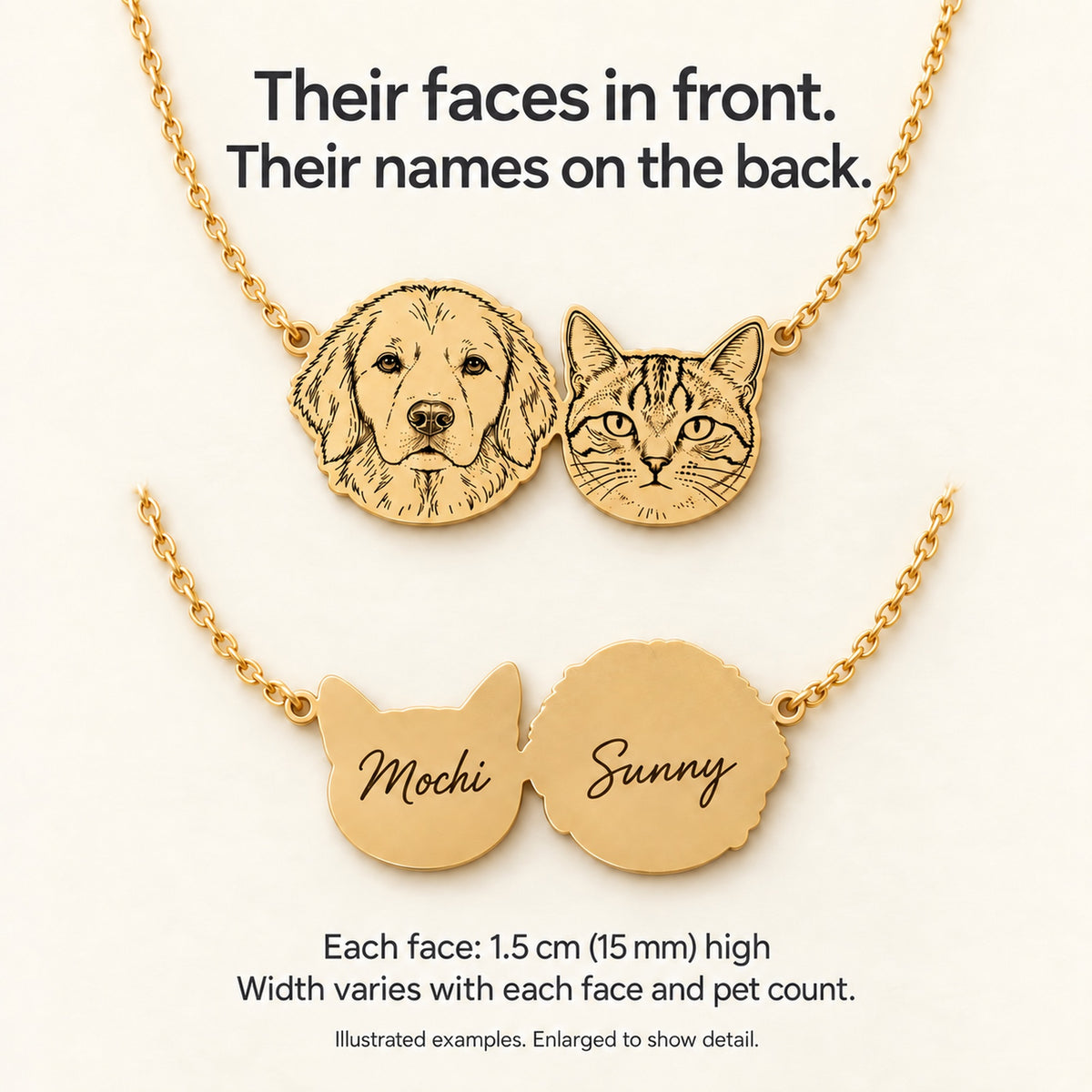 Illustrated front and reverse of a two-pet necklace with corresponding names and a stated height of 1.5 cm (15 mm) per face.