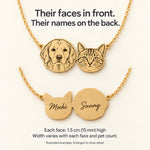 Illustrated front and reverse of a two-pet necklace with corresponding names and a stated height of 1.5 cm (15 mm) per face.