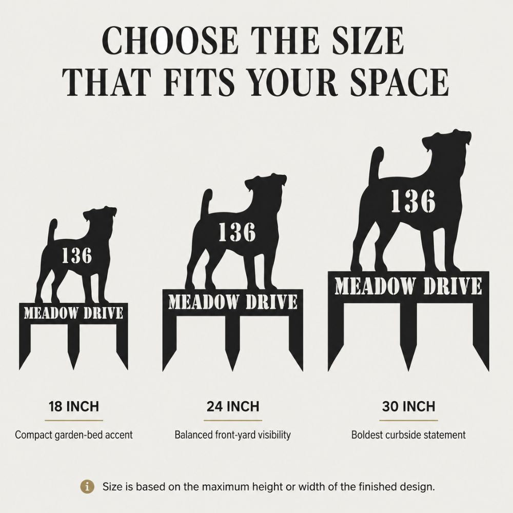 Size comparison of personalized dog breed address stakes in 18, 24, and 30-inch options.