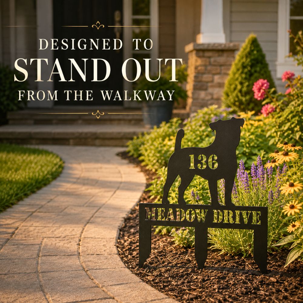 Personalized Jack Russell address stake viewed from the walkway in a landscaped front yard.