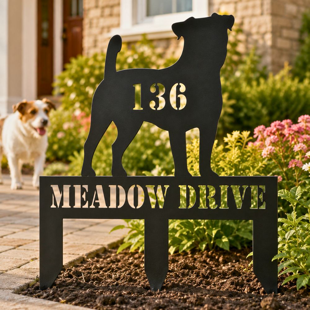 Personalized Jack Russell address stake with house number 136 and Meadow Drive in a landscaped front yard.