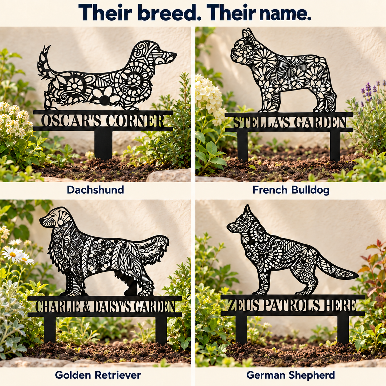 Personalized mandala garden stakes featuring Dachshund, French Bulldog, Golden Retriever and German Shepherd designs