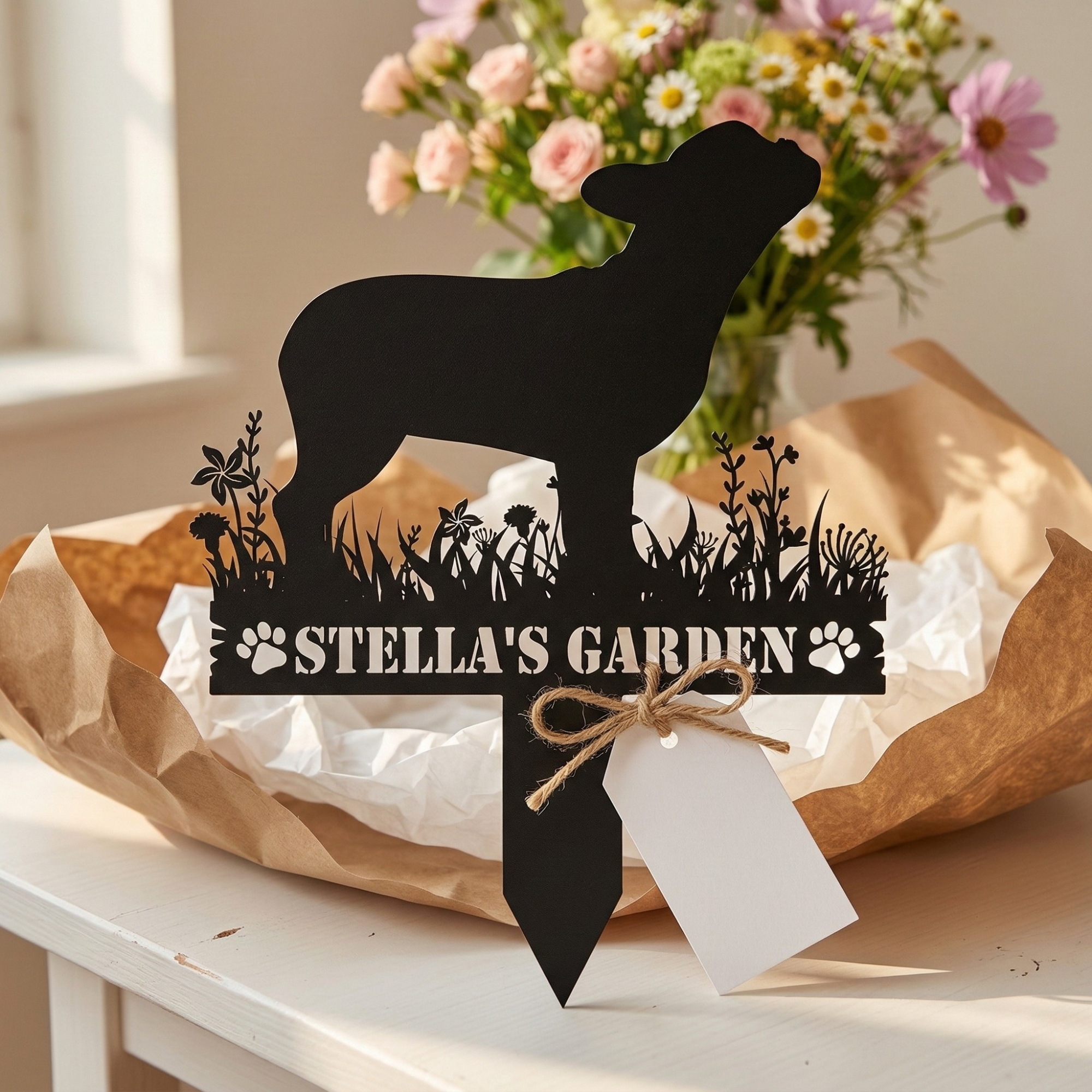 Personalized Floral Dog Breed Garden Stake — Custom Name + Breed Silhouette | Wrought Iron | 100+ Breeds