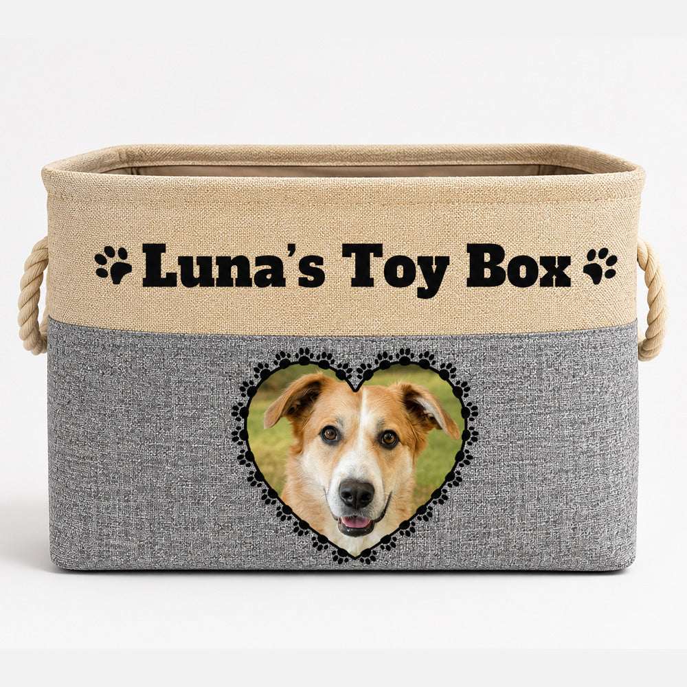 Grey personalized dog toy box with a photo of a dog in a heart frame and the name Luna