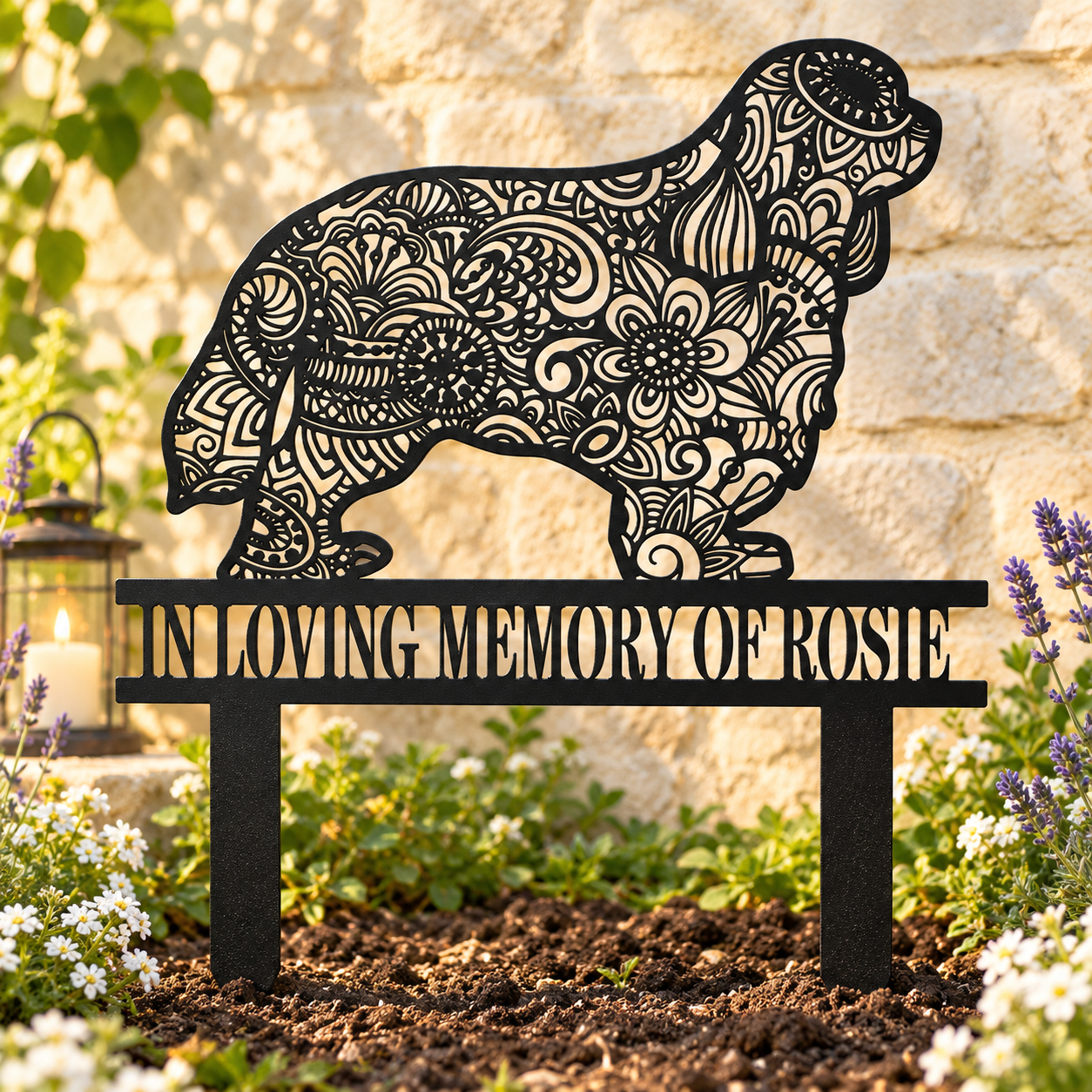 Spaniel memorial garden stake reading In Loving Memory of Rosie beside flowers and a candle lantern