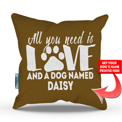 golden brown colored pillow with text "all you need is love and a dog named daisy"
