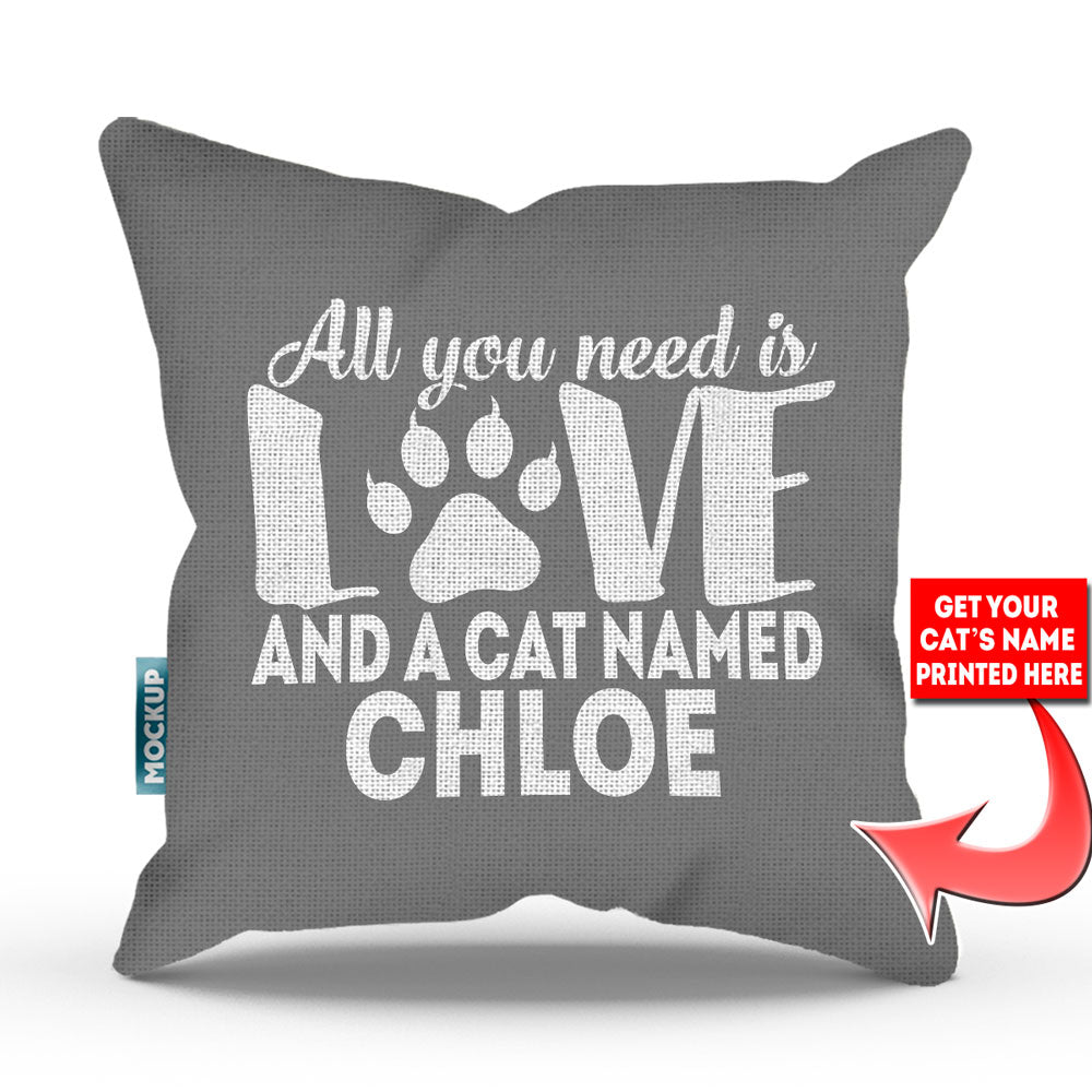 grey colored pillow with text "all you need is love and a cat named chloe"