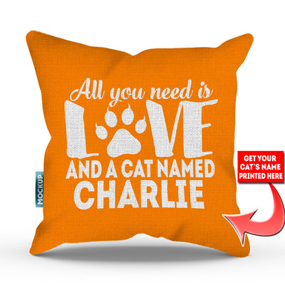 orange colored pillow with text "all you need is love and a cat named charlie"