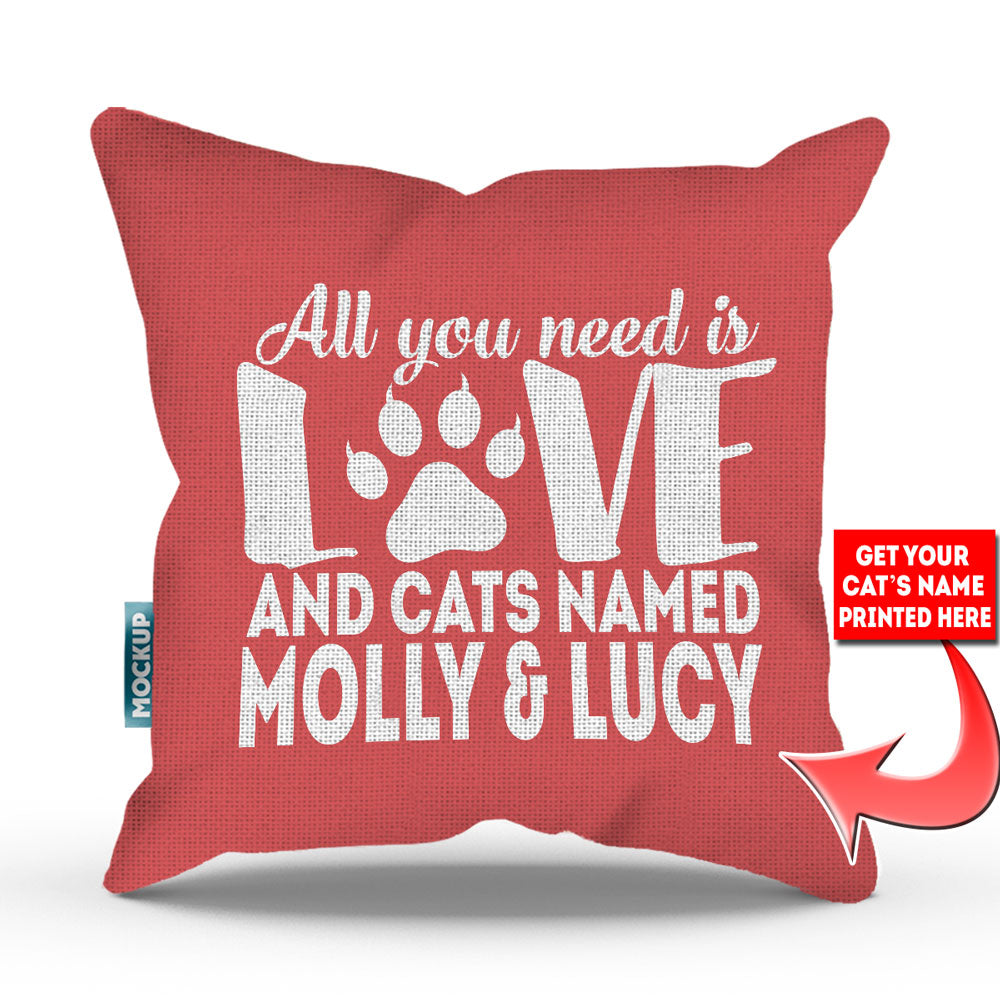pink colored pillow with text "all you need is love and cats named molly and lucy"