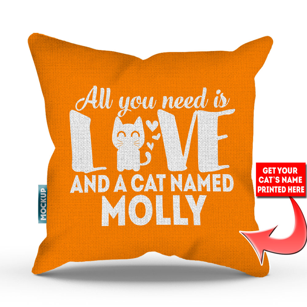 orange colored pillow with text "all you need is love and a cat named molly"