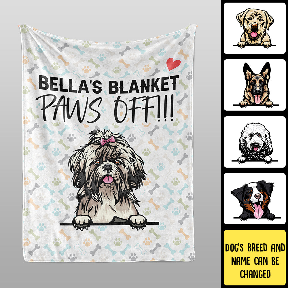 dog blanket with text "bella's blanket paws off"