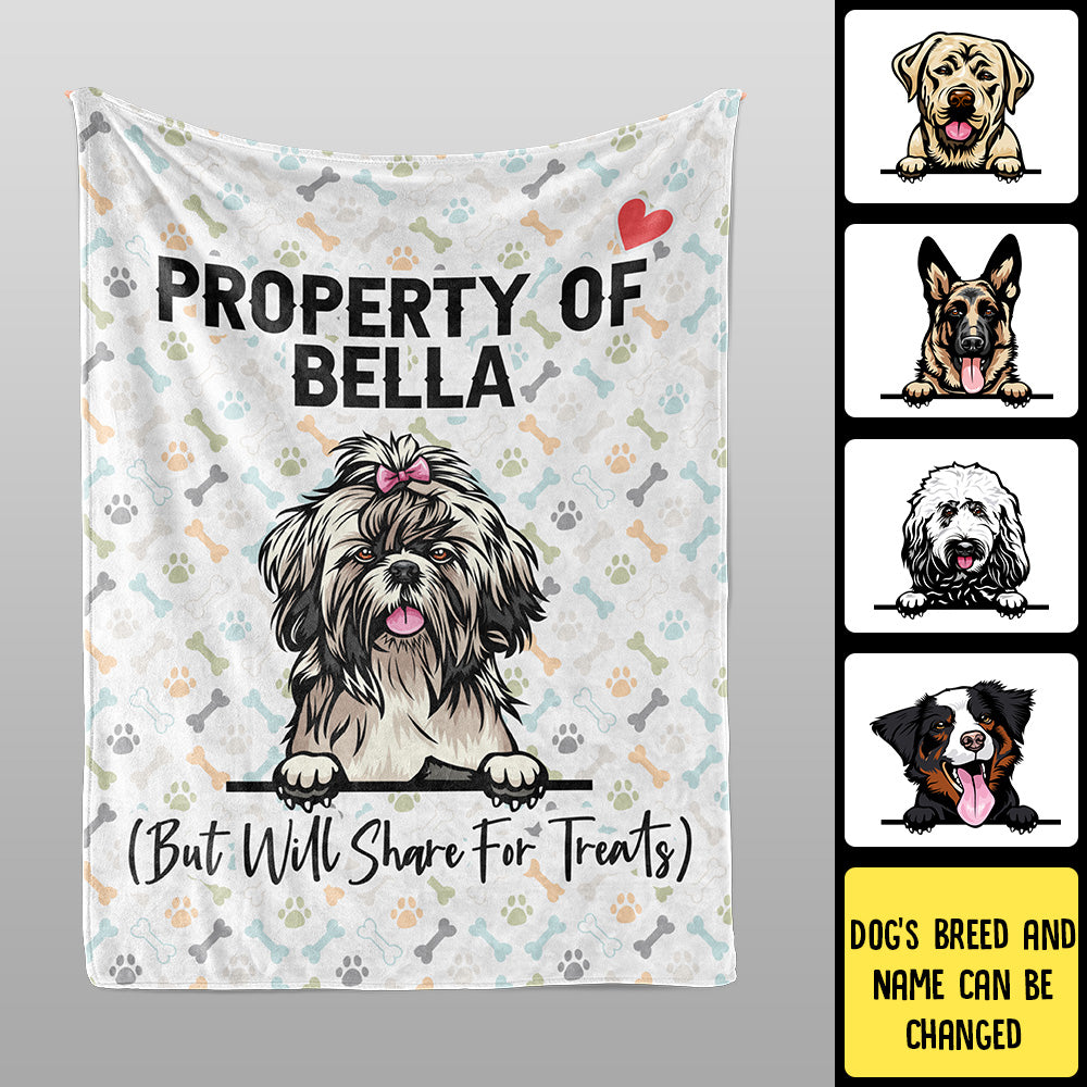 dog blanket with text "property of bella, but will share for treats"