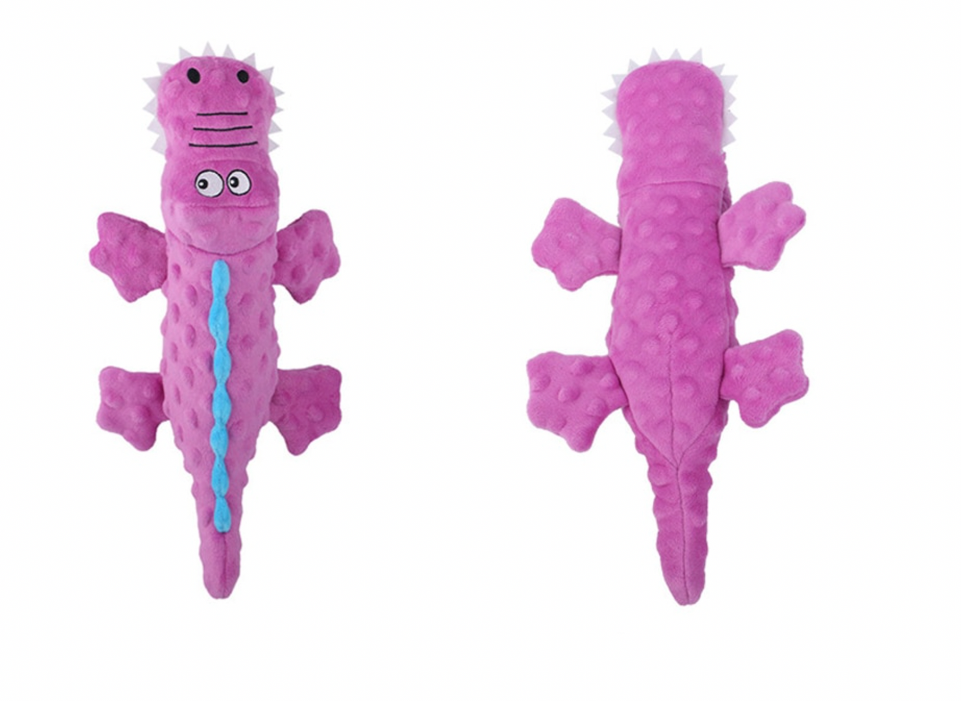 top-down and bottom-up view of pink crocodile-shaped dog toy