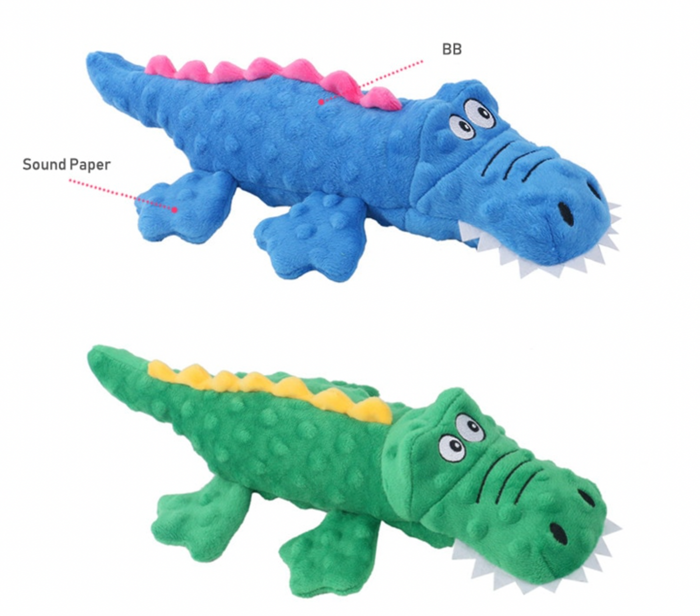 two crocodile-shaped dog toys, colored blue and green
