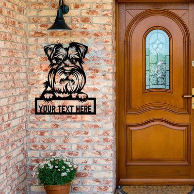 mockup of dog themed metal sign hung up on porch wall with text "your text here"
