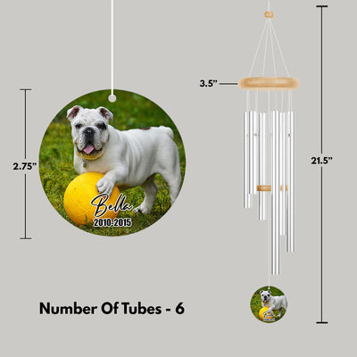 dimensions of wind chime. The total height is twenty one point five inches, the width is three point five inches, the height of the hanging disk is two point seven five inches