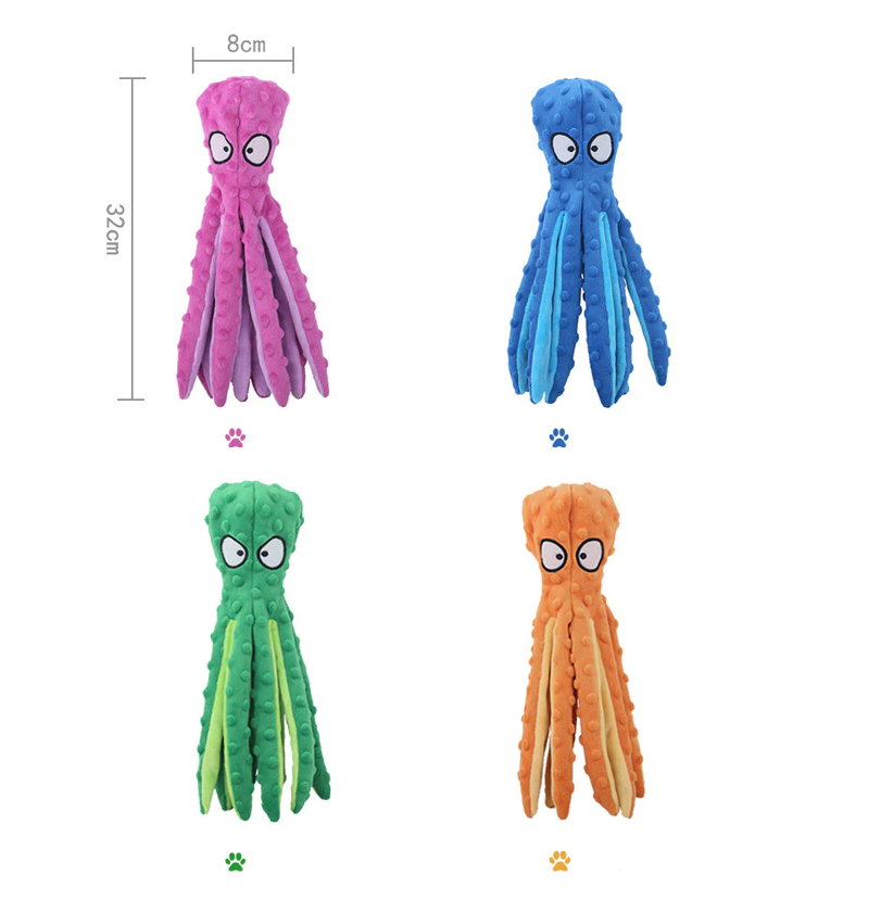 four octopus shaped dog toys in four colors: pink, blue, green, and orange